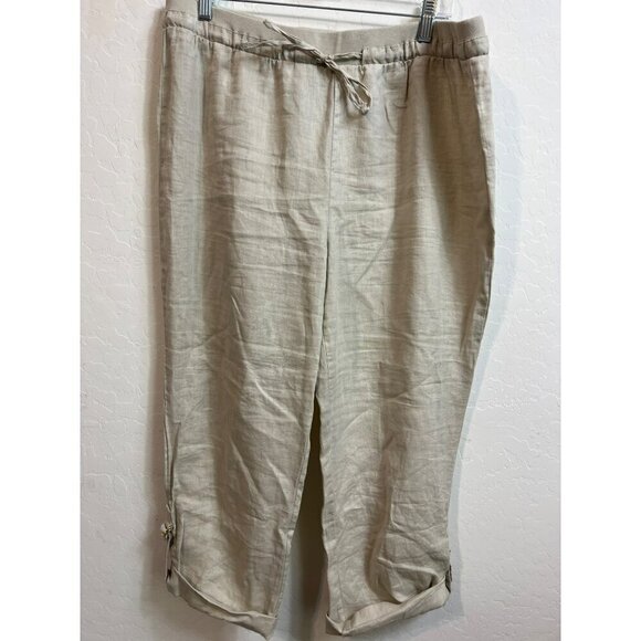 Ellen Tracy Sz L Beige 100% Linen Pants Roll Cuff Gold Buckle - Picture 2 of 9